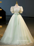 Chic V neck A-line Princess Dresses With Puff Sleeve Elegant Ball Gown Evening Gowns TKL2504