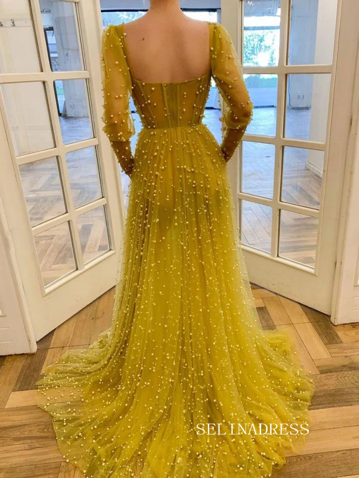 Chic Yellow Full Beaded Long Prom Dresses Elegant Long Sleeve Formal Evening Gowns SEW0190|Selinadress