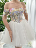 Corset 3D Floral Short Prom Dress with Removable Sleeve Off Shoulders Homecoming Dress EWR406|Selinadress