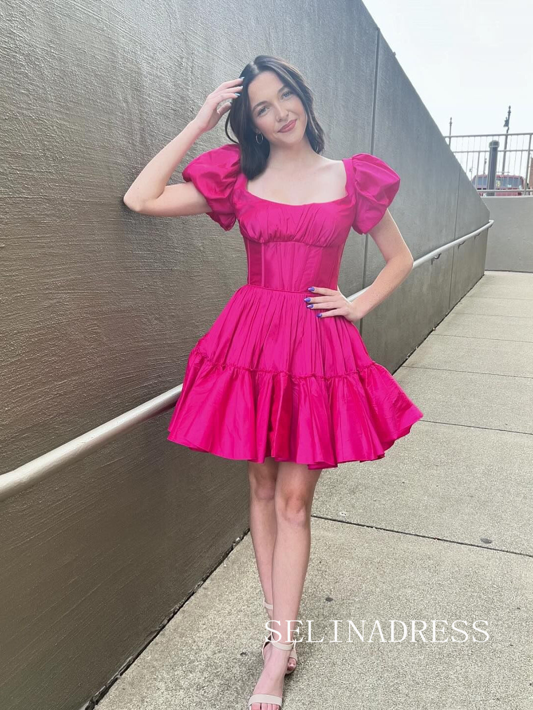 Cute A-line Square Neck Homecoming Dresses Satin Short Sleeve Hot Pink Hoco Dresses #TKL3806|Selinadress