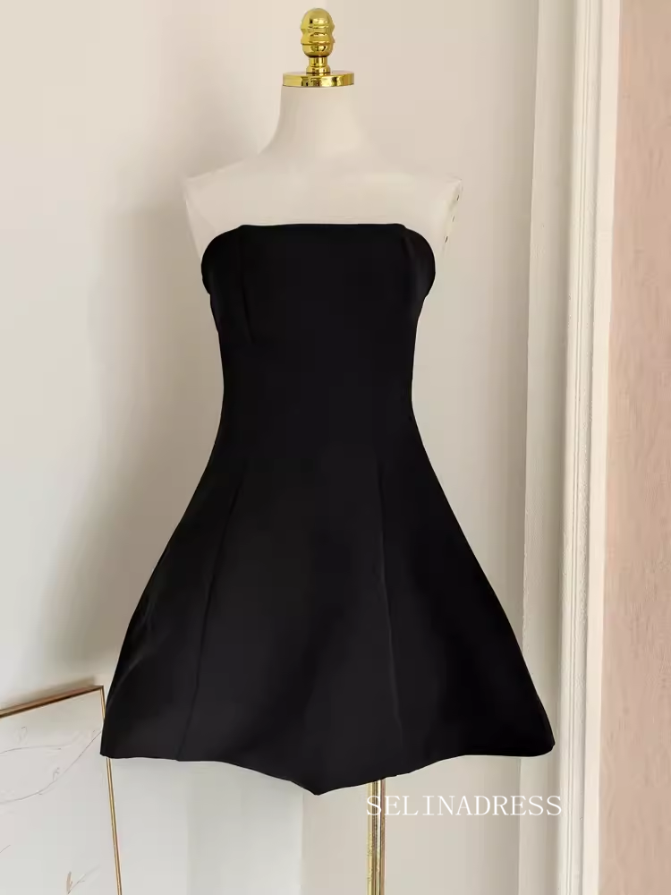 Cute A-line Strapless Little Black Cocktail Dress Rosette Short Prom Dress #EWR003|Selinadress