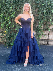 Cute A Line Sweetheart Navy Tiered Chiffon Prom Dresses SER042|Selinadress