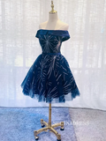 Dark Blue Off Shoulder Tulle Knee Length Party Dress Blue Homecoming Dresses #TKL2118|Selinadress