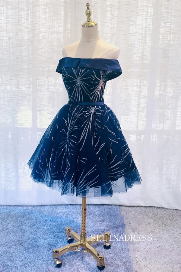 Dark Blue Off Shoulder Tulle Knee Length Party Dress Blue Homecoming D –  SELINADRESS