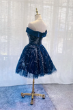 Dark Blue Off Shoulder Tulle Knee Length Party Dress Blue Homecoming Dresses #TKL2118|Selinadress