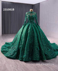 Dark Green High Neck Sparkly Tulle 3D Floral Lace Wedding Dresses Long Sleeve Quinceanera Dress 231081B|Selinadress