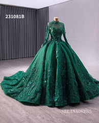 Dark Green High Neck Sparkly Tulle 3D Floral Lace Wedding Dresses Long Sleeve Quinceanera Dress 231081B|Selinadress