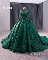 Dark Green High Neck Sparkly Tulle 3D Floral Lace Wedding Dresses Long Sleeve Quinceanera Dress 231081B|Selinadress