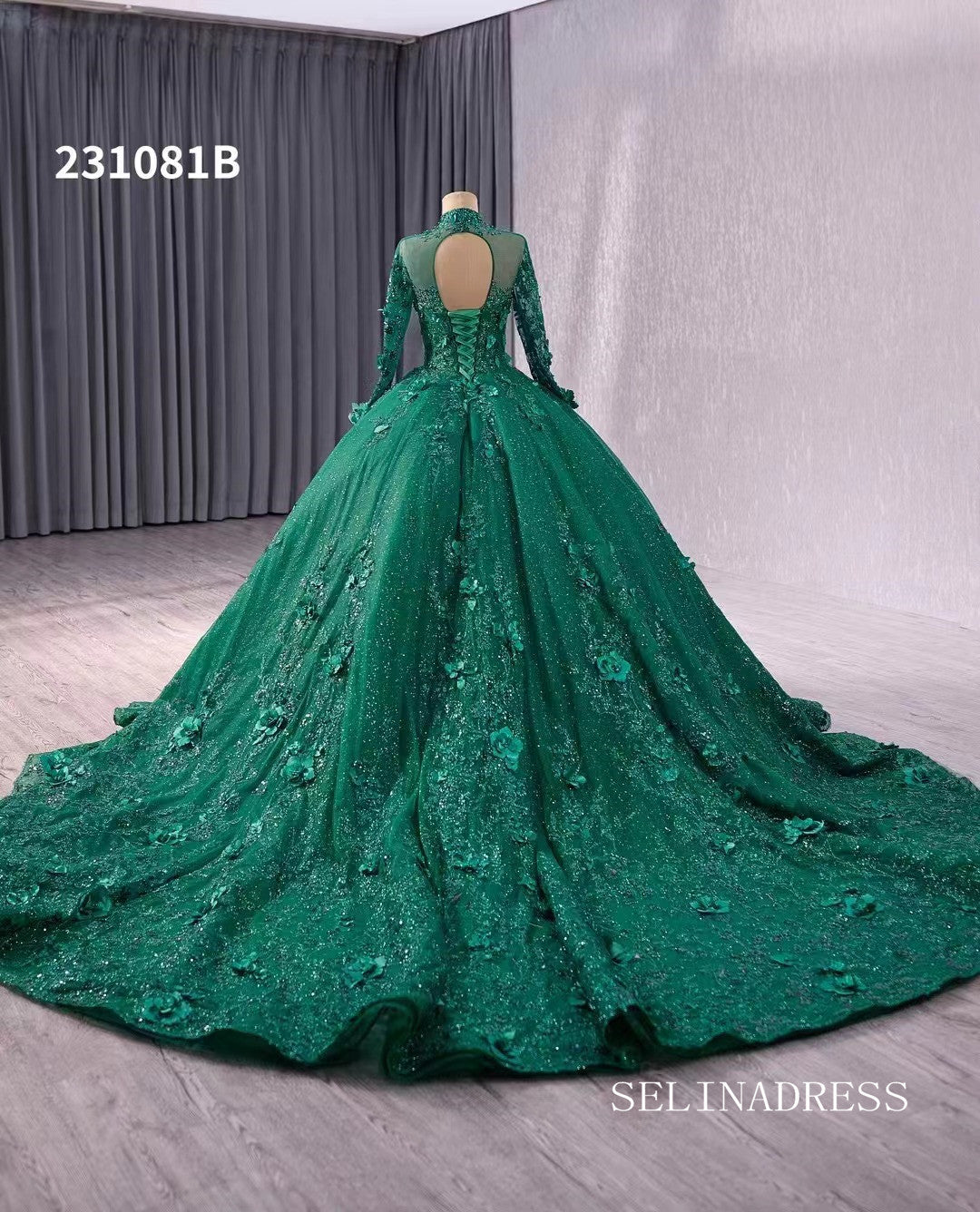 Dark Green High Neck Sparkly Tulle 3D Floral Lace Wedding Dresses Long Sleeve Quinceanera Dress 231081B|Selinadress