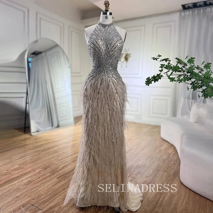 Dubai Halter Neck Feathers Beaded Formal Dress Luxury Mermaid Evening Dresses For Women Wedding Party ALI006