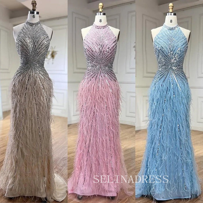 Dubai Halter Neck Feathers Beaded Formal Dress Luxury Mermaid Evening Dresses For Women Wedding Party ALI006