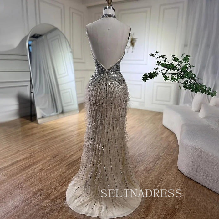 Dubai Halter Neck Feathers Beaded Formal Dress Luxury Mermaid Evening Dresses For Women Wedding Party ALI006