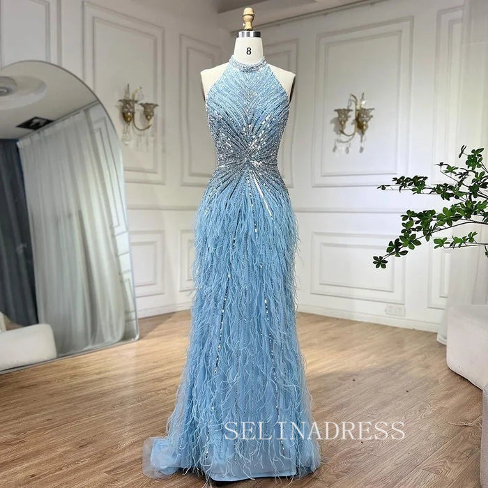 Dubai Halter Neck Feathers Beaded Formal Dress Luxury Mermaid Evening Dresses For Women Wedding Party ALI006