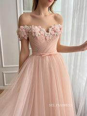 Dusty Pink Off-the-shoulder Midi Prom Dress Beaded Flower Tulle Party Dress JKL3130|Selinadress