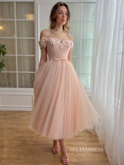 Dusty Pink Off-the-shoulder Midi Prom Dress Beaded Flower Tulle Party Dress JKL3130|Selinadress