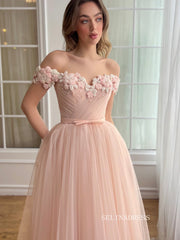 Dusty Pink Off-the-shoulder Midi Prom Dress Beaded Flower Tulle Party Dress JKL3130|Selinadress