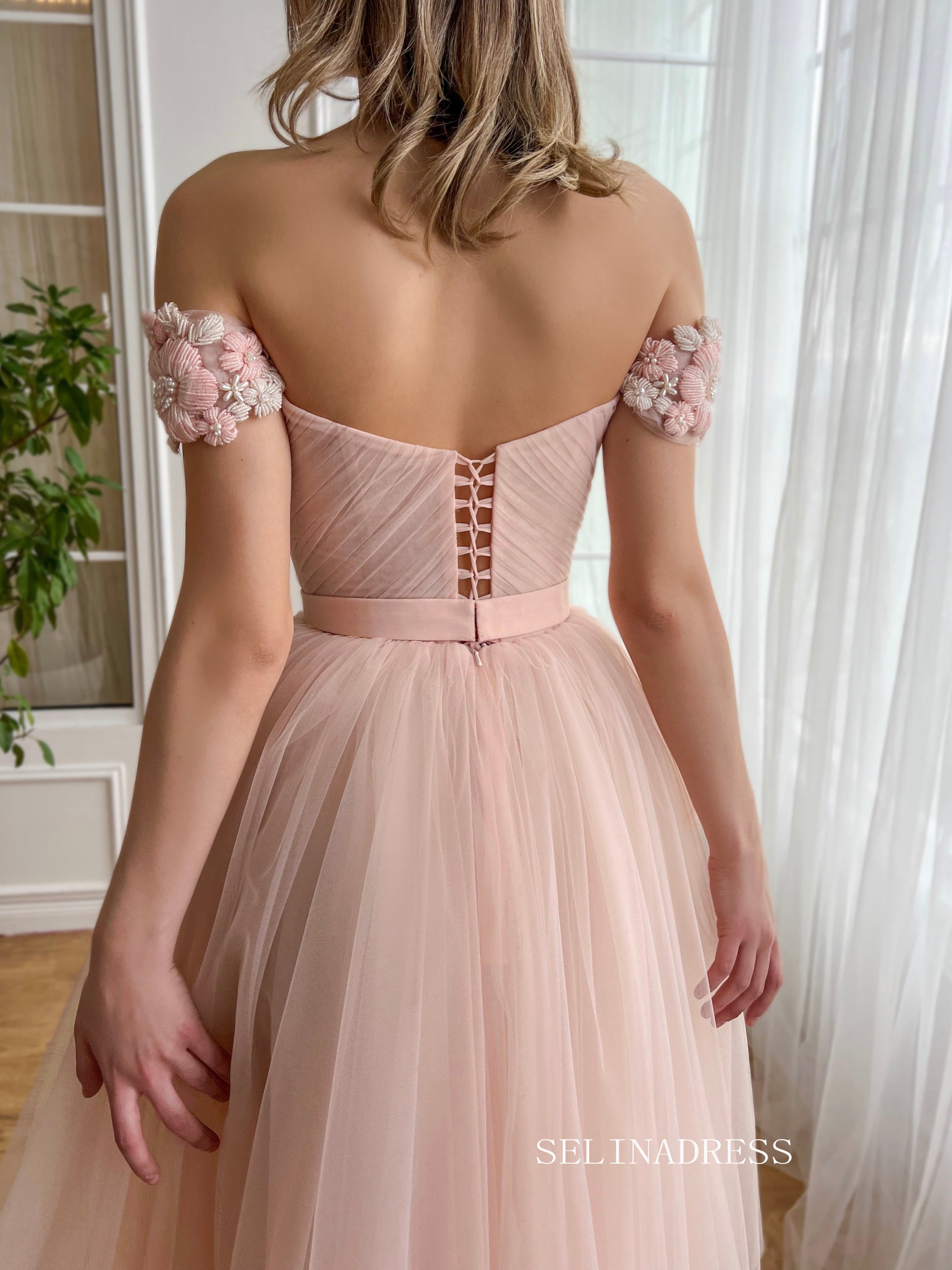 Dusty Pink Off-the-shoulder Midi Prom Dress Beaded Flower Tulle Party Dress JKL3130|Selinadress