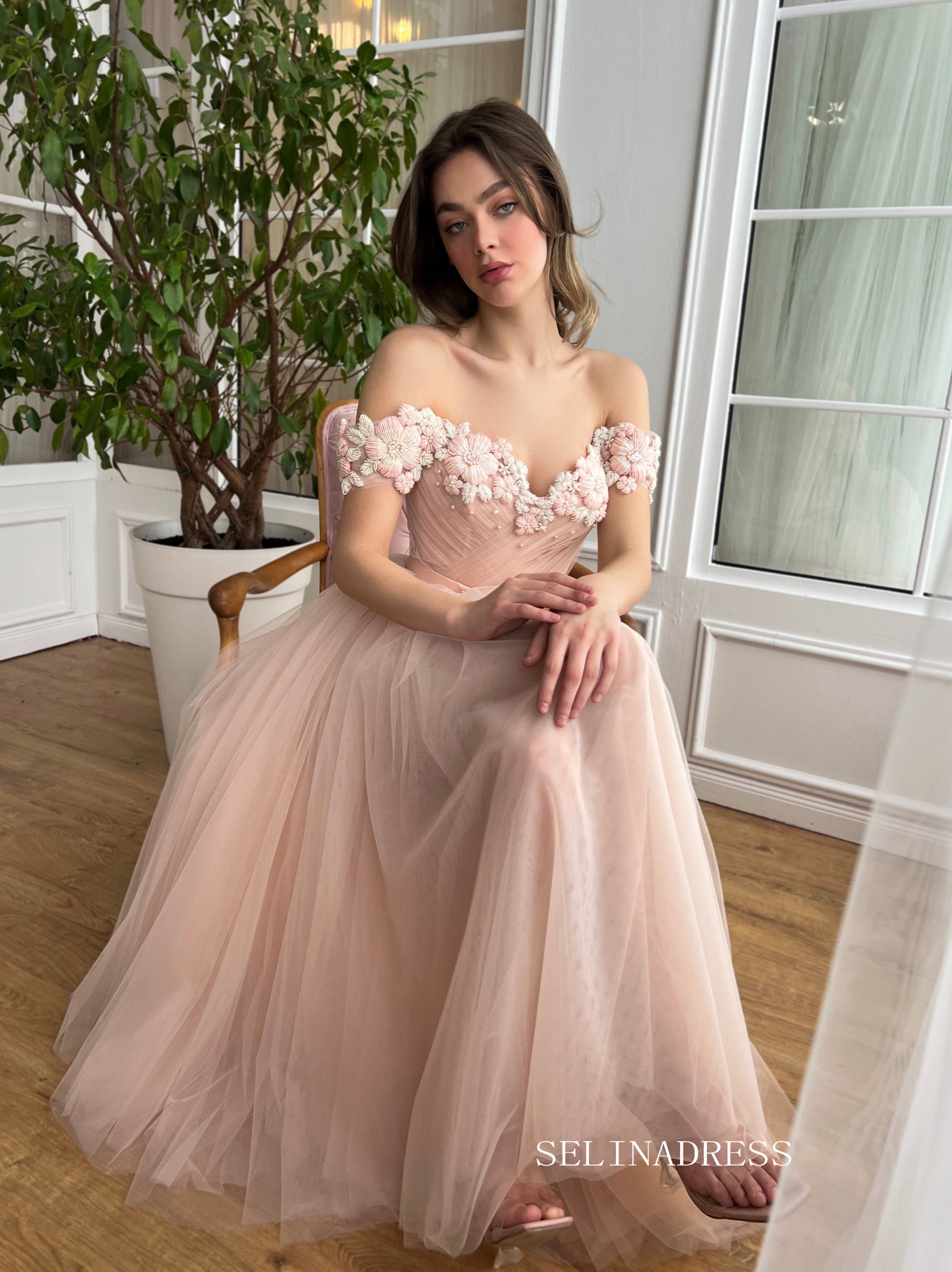 Dusty Pink Off-the-shoulder Midi Prom Dress Beaded Flower Tulle Party Dress JKL3130|Selinadress