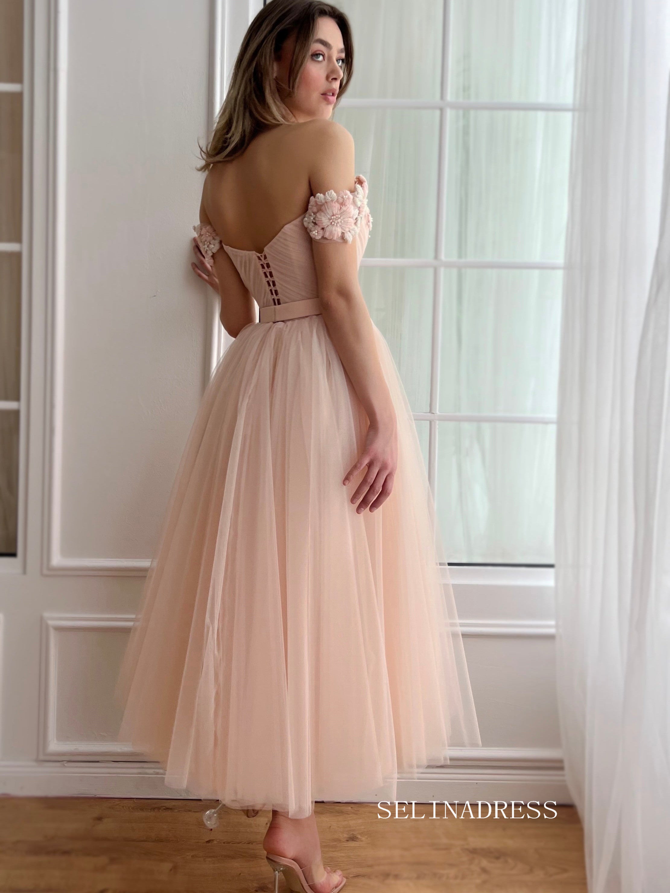 Dusty Pink Off-the-shoulder Midi Prom Dress Beaded Flower Tulle Party Dress JKL3130|Selinadress