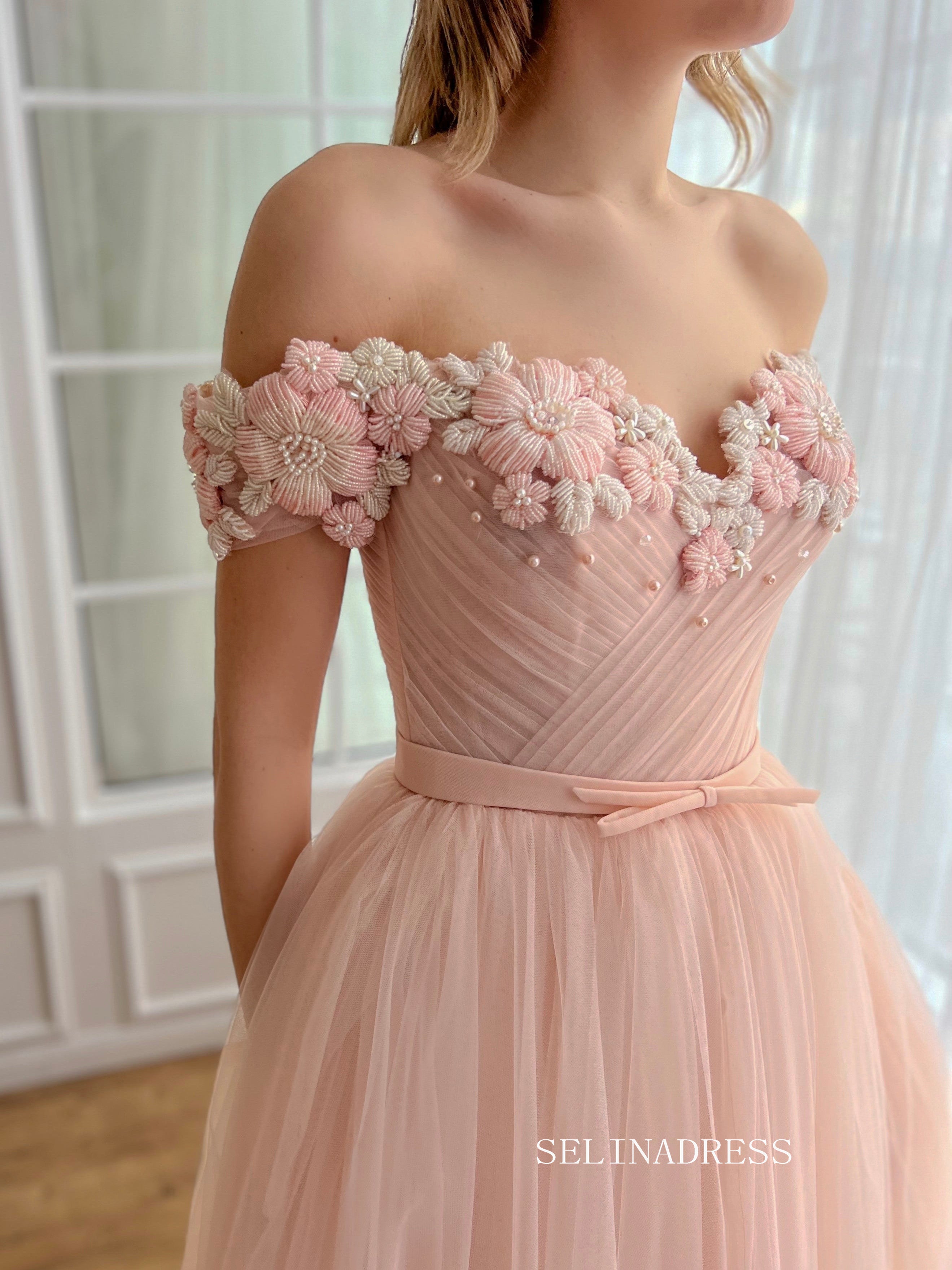 Dusty Pink Off-the-shoulder Midi Prom Dress Beaded Flower Tulle Party Dress JKL3130|Selinadress