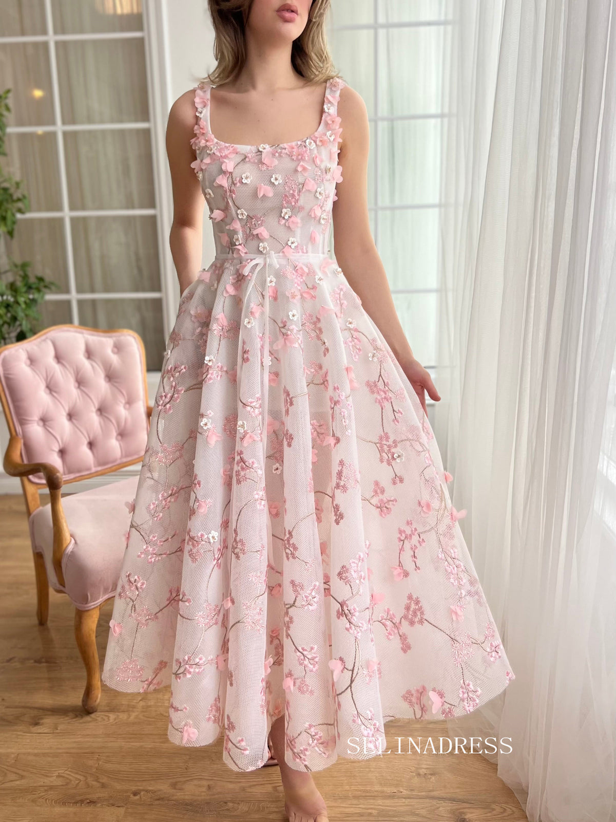 Dusty Pink Square Neck Midi Prom Dress 3D Flower Lace Tulle Party Dress JKL3130|Selinadress