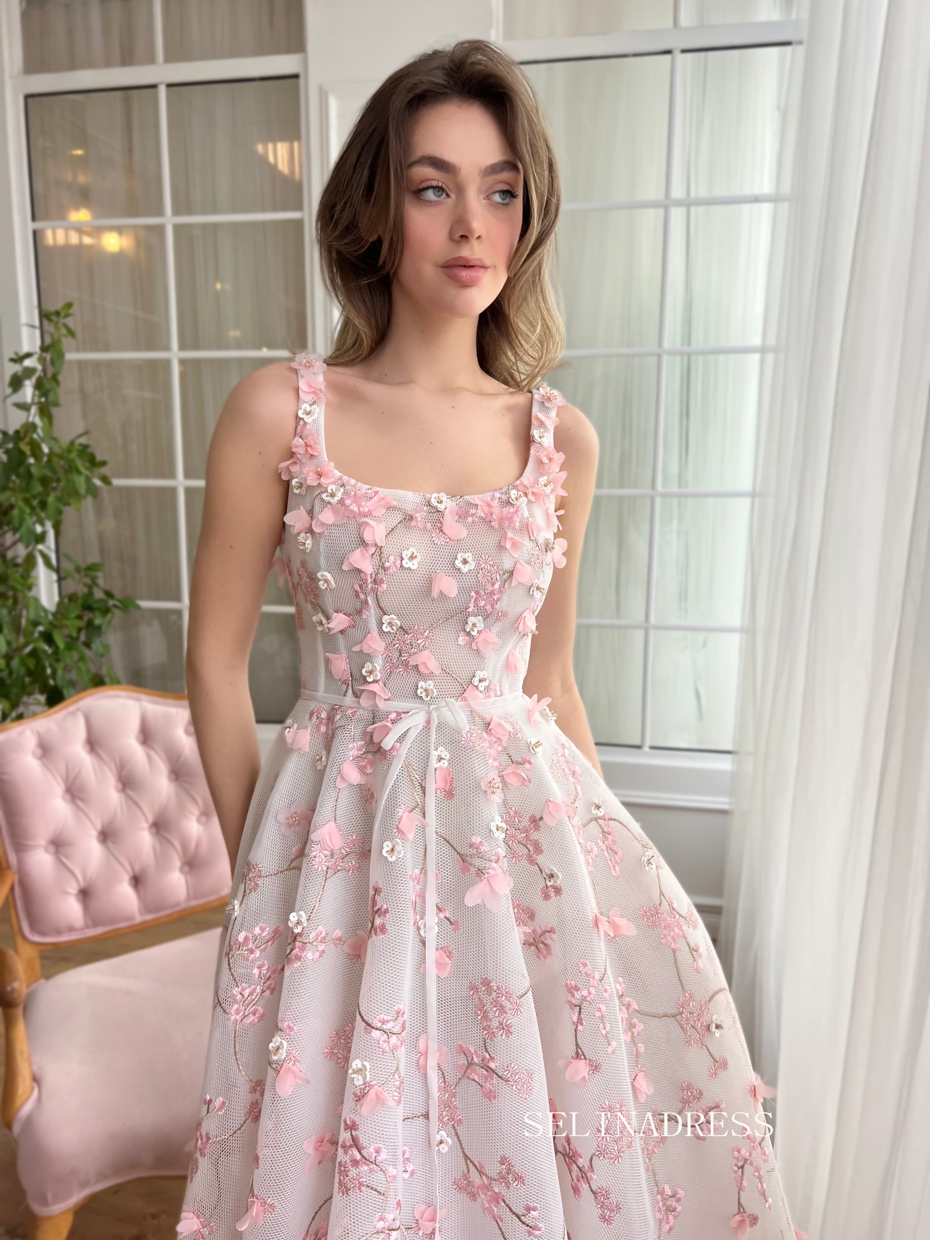 Dusty Pink Square Neck Midi Prom Dress 3D Flower Lace Tulle Party Dress JKL3130|Selinadress