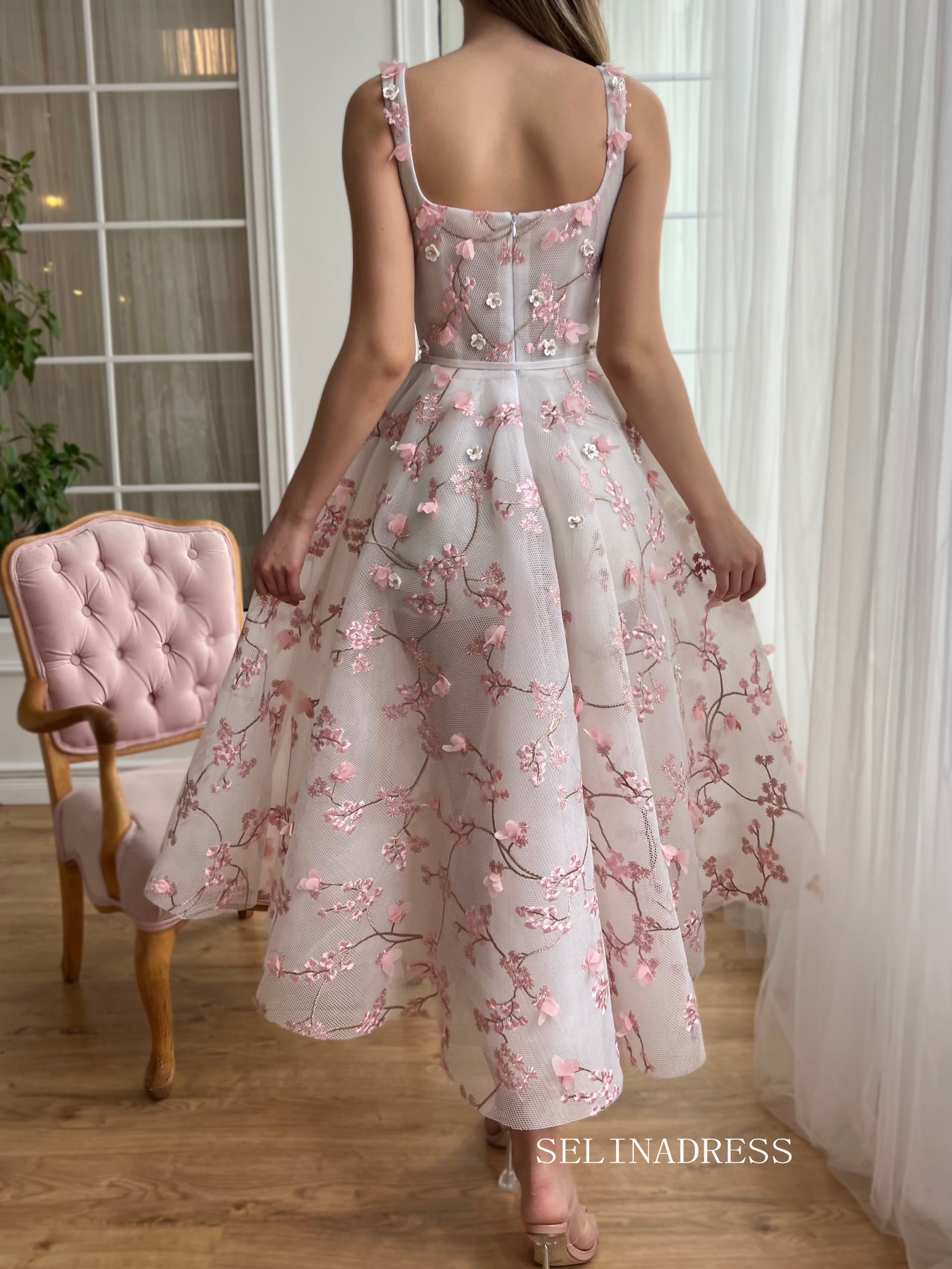 Dusty Pink Square Neck Midi Prom Dress 3D Flower Lace Tulle Party Dress JKL3130|Selinadress