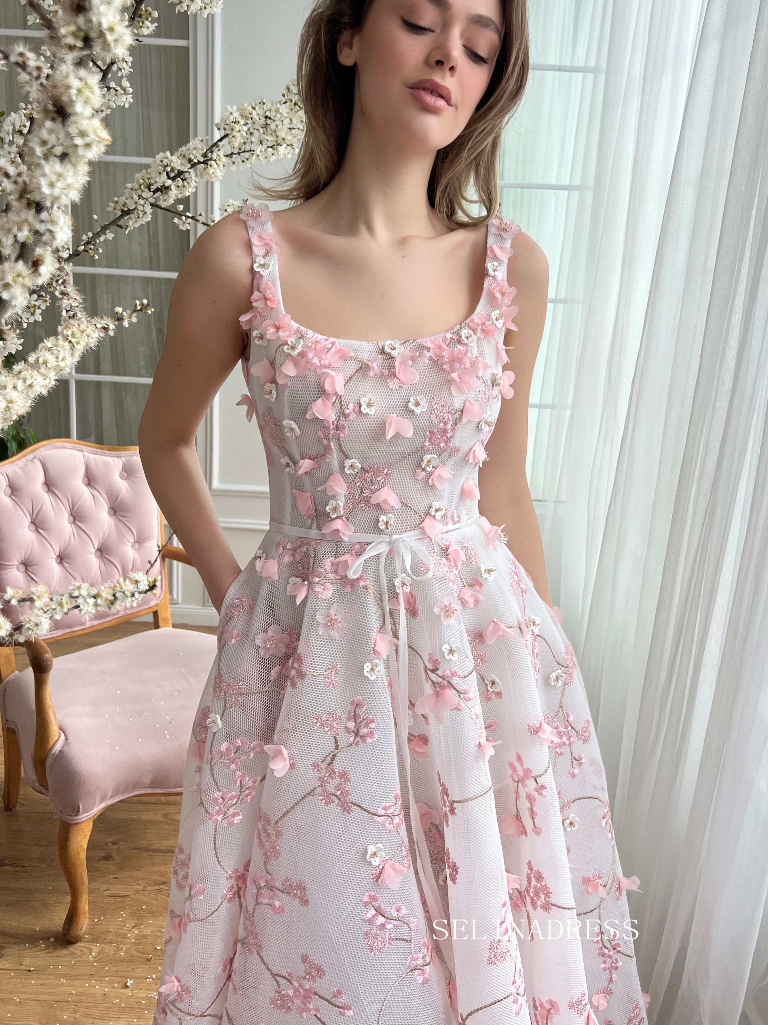 Dusty Pink Square Neck Midi Prom Dress 3D Flower Lace Tulle Party Dress JKL3130|Selinadress