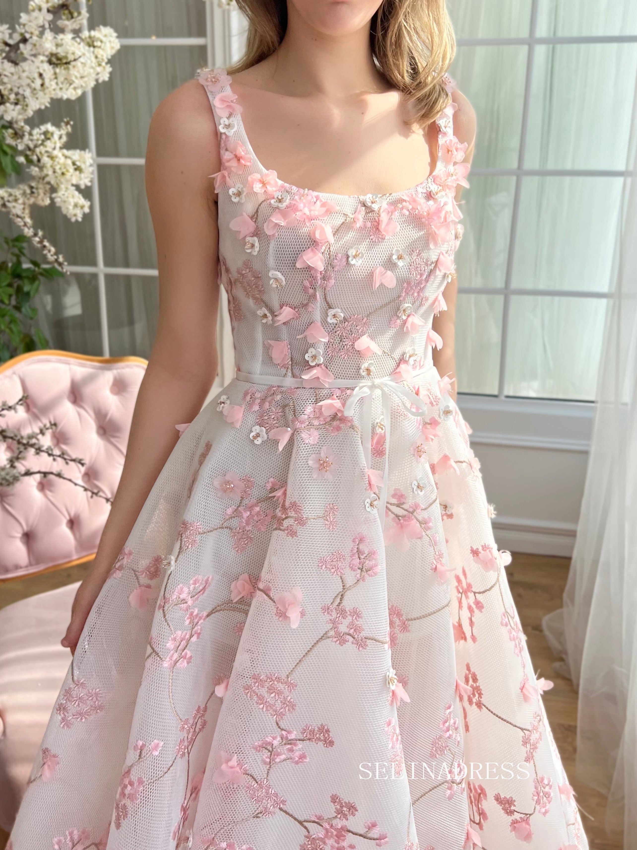 Dusty Pink Square Neck Midi Prom Dress 3D Flower Lace Tulle Party Dress JKL3130|Selinadress