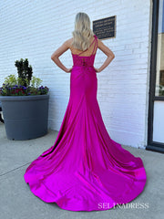 Mermaid One Shoulder Fuchsia Lace Prom Dress Evening Dress SEW1165|Selinadress