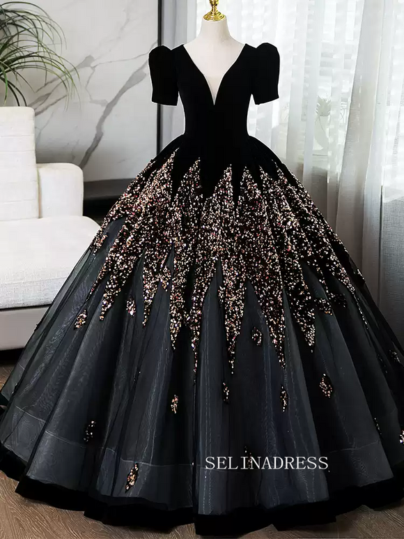 Elegant Black B neck Princess Dresses With Short Sleeve Beautiful Beaded Evening Gowns TKL3020|Selinadress