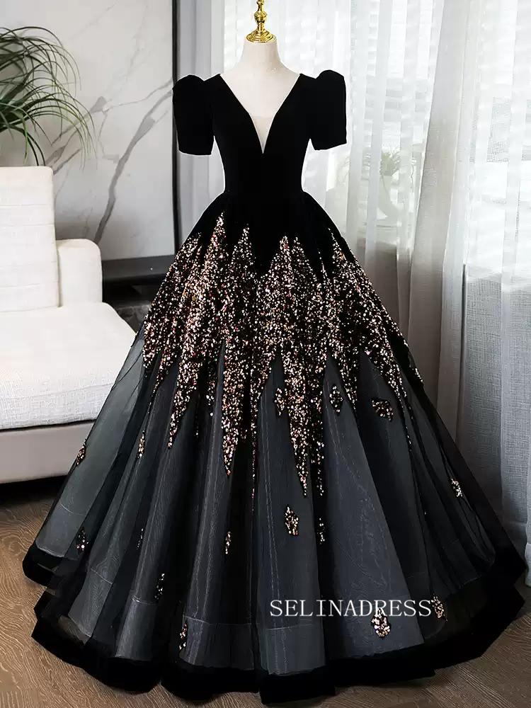 Elegant Black B neck Princess Dresses With Short Sleeve Beautiful Beaded Evening Gowns TKL3020|Selinadress