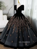 Elegant Black B neck Princess Dresses With Short Sleeve Beautiful Beaded Evening Gowns TKL3020|Selinadress