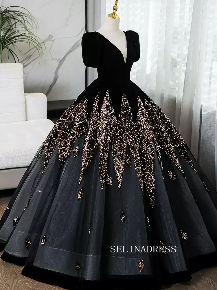 Elegant Black B neck Princess Dresses With Short Sleeve Beautiful Beaded Evening Gowns TKL3020|Selinadress