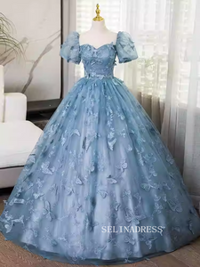 Elegant Blue Butterfly Long Prom Dress With Short Sleeve Cheap Evening Gowns TKL3026|Selinadress