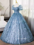 Elegant Blue Butterfly Long Prom Dress With Short Sleeve Cheap Evening Gowns TKL3026|Selinadress