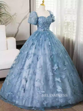 Elegant Blue Butterfly Long Prom Dress With Short Sleeve Cheap Evening Gowns TKL3026|Selinadress