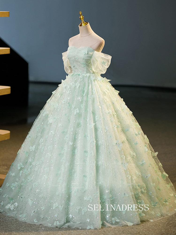 Elegant Green Ball Gown Princess Dresses Off-the-shoulder 3D Flower Evening Gowns TKL2508|Selinadress