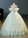 Elegant Green Ball Gown Princess Dresses Off-the-shoulder 3D Flower Evening Gowns TKL2508|Selinadress