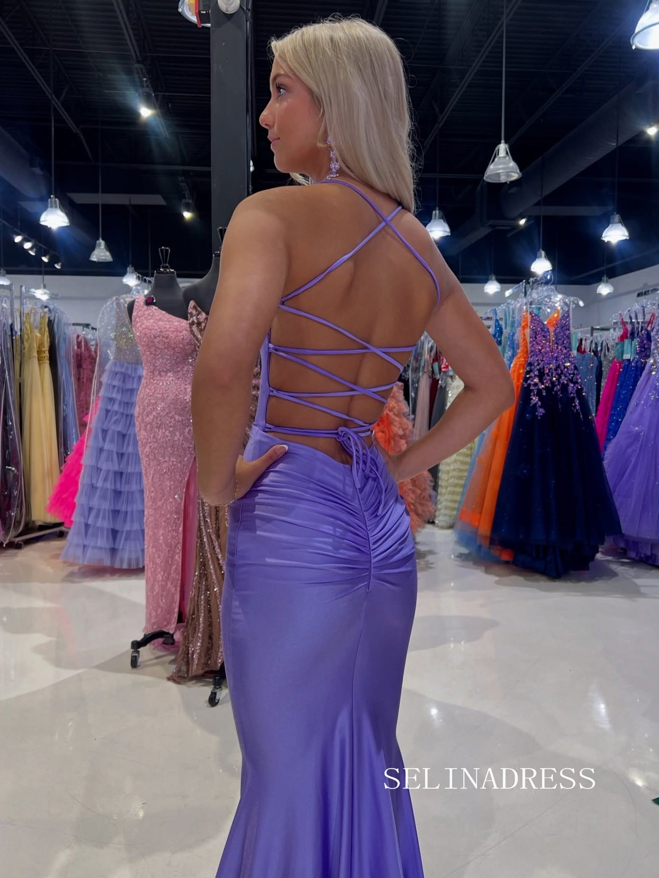 Elegant Mermaid Lavender Prom Dress With Criss-Cross Straps Black Evening Dress SER628|Selinadress