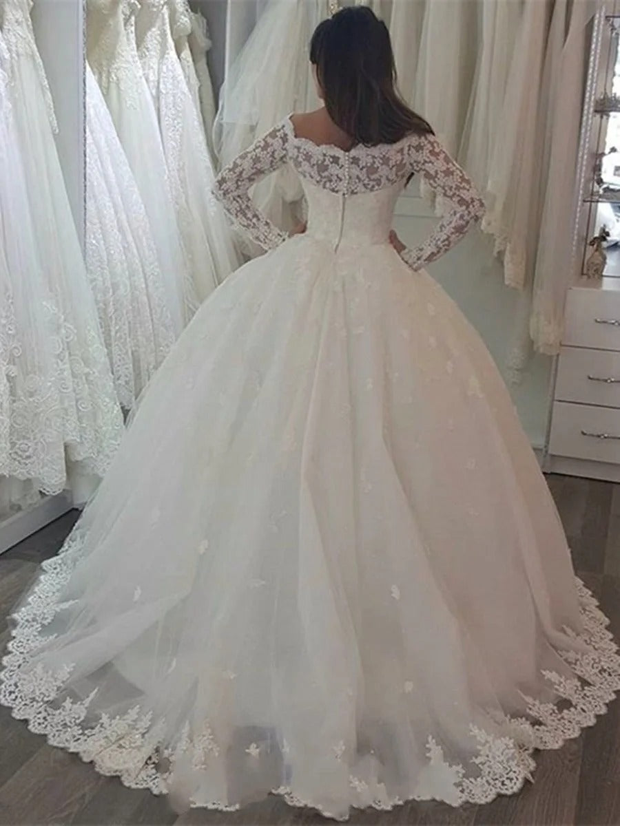 Elegant Off the Shoulder Long Sleeves Wedding Dress With Appliques Lace SED0013|Selinadress