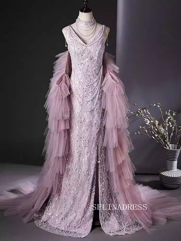 Elegant Pink Mermaid Prom Dress Sparkly Beaded Beautiful Evening Gowns With Slit TKL3021|Selinadress