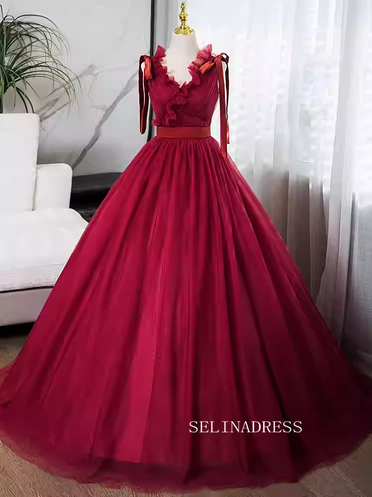 Elegant Red V neck Prom Dress Tulle Ball Gown Evening Gowns TKL3024|Selinadress