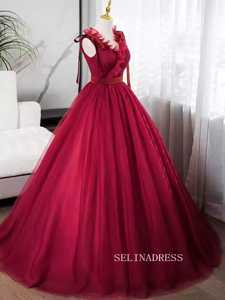 Elegant Red V neck Prom Dress Tulle Ball Gown Evening Gowns TKL3024|Selinadress