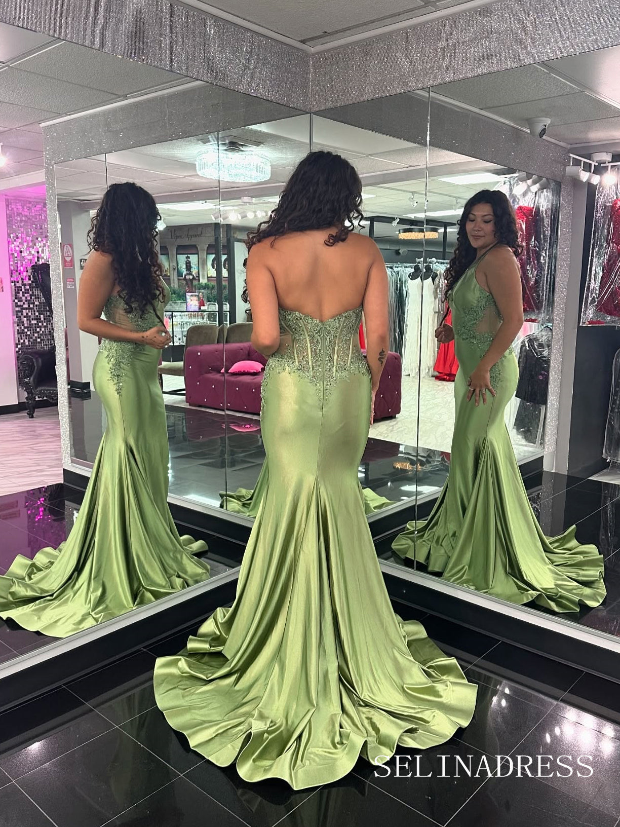 Elegant Sage Mermaid Halter Long Prom Dress Lace  Evening Dress SER632|Selinadress