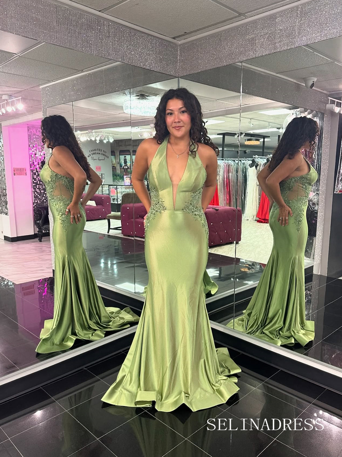 Elegant Sage Mermaid Halter Long Prom Dress Lace  Evening Dress SER632|Selinadress