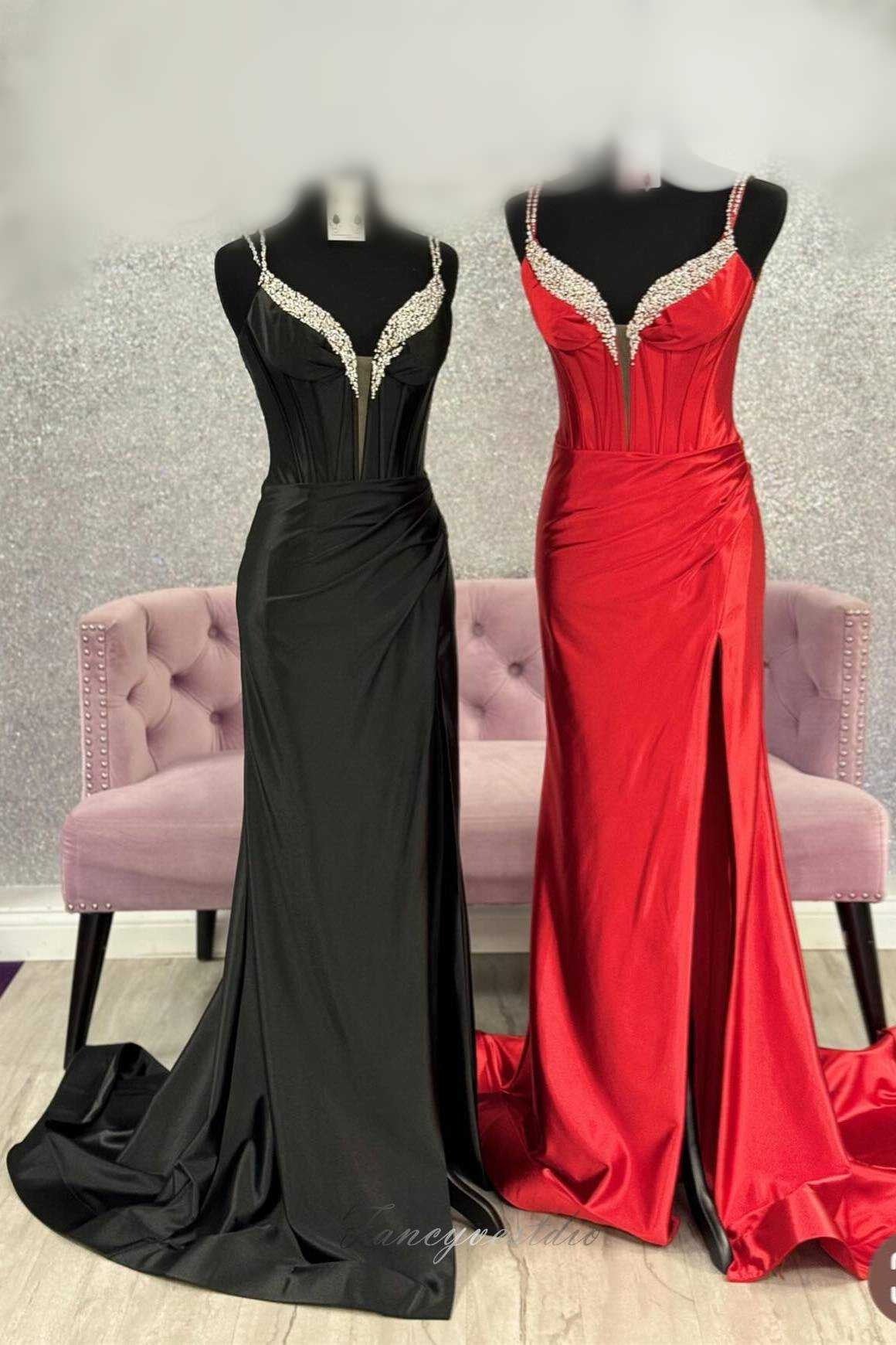 Elegant Satin Prom Dresses 2025 with Spaghetti Strap & Slit SEW800