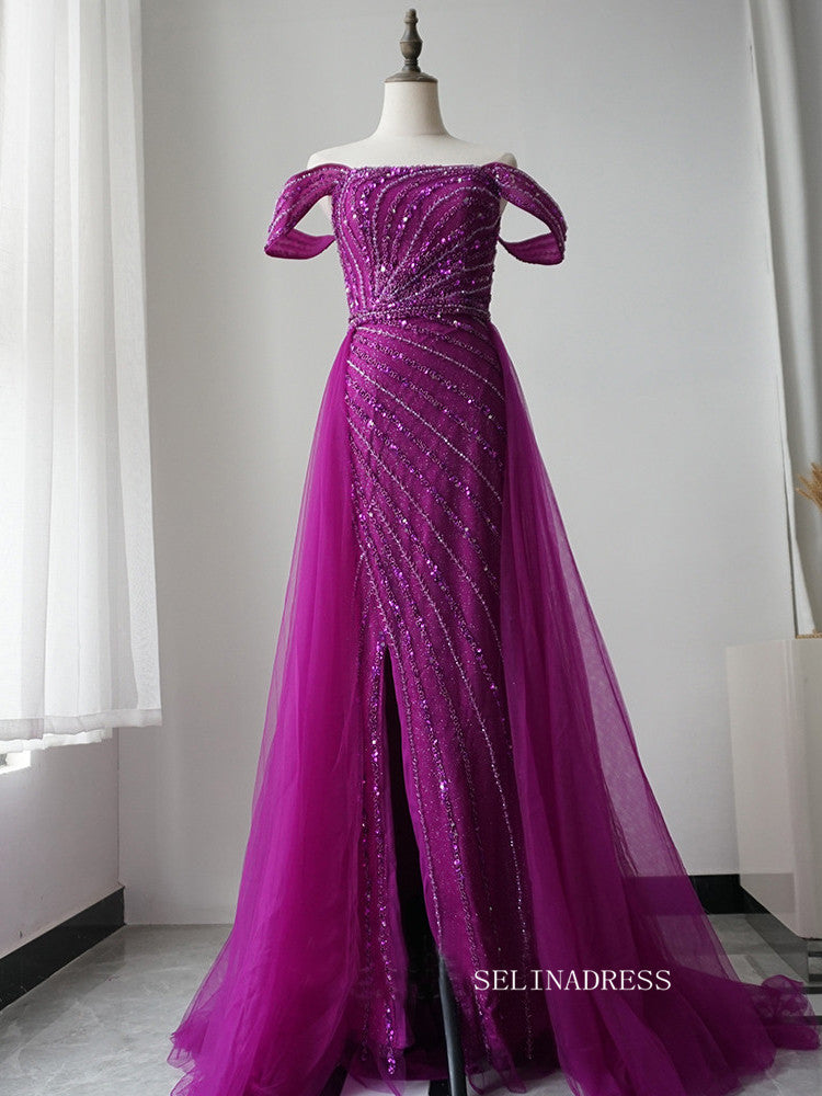 Elegant Sheath/Column Long Prom Dress Tulle Beaded Long Evening Dress Formal Gown FUE014|Selinadress