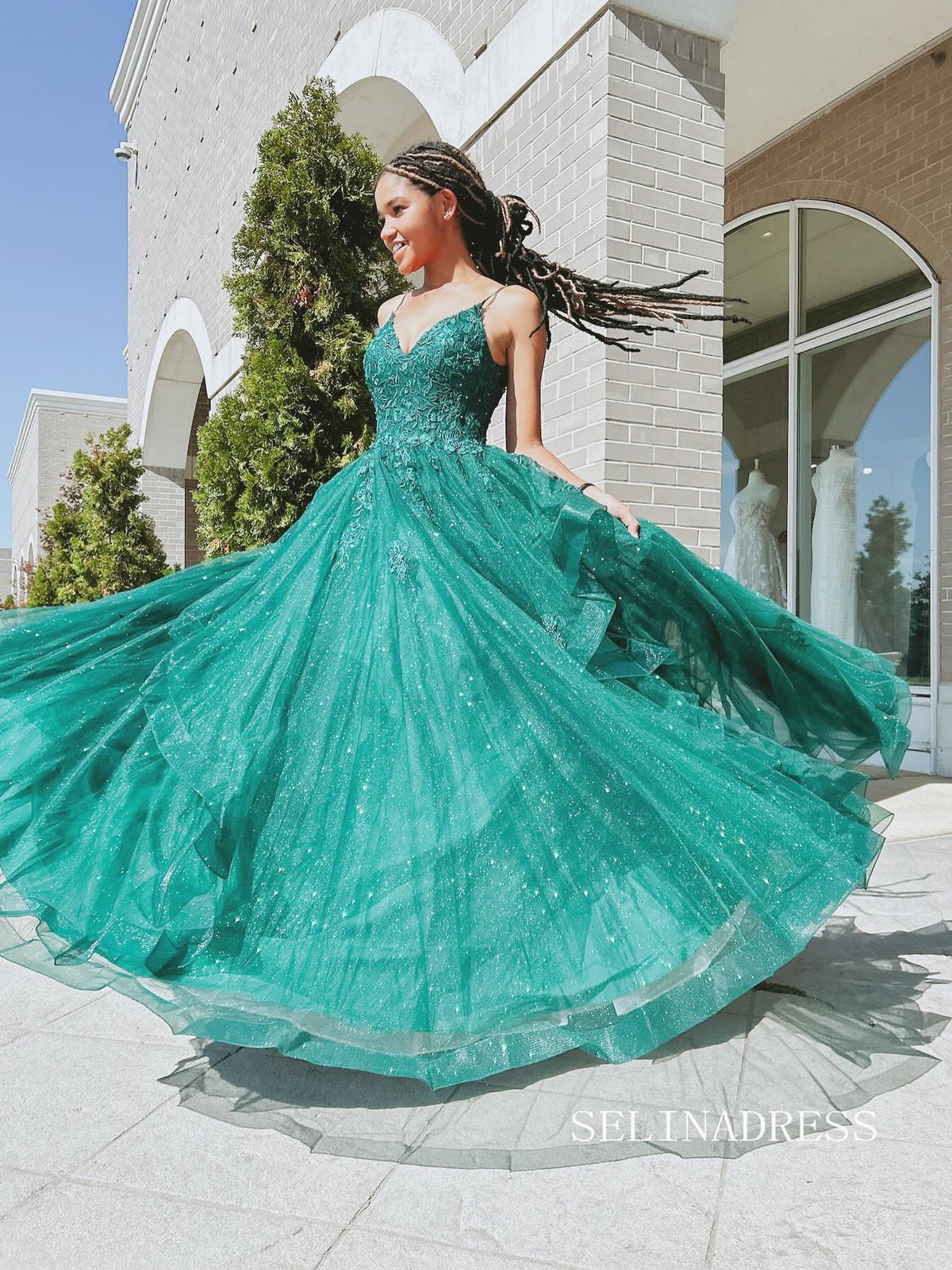 Elegant Spaghetti Straps Green Sparkly Lace Prom Dress Evening Dress SER631|Selinadress