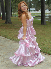 Elegant Spaghetti Straps Pink Prom Dress With Ruffles Cheap Evening Dress SER635|Selinadress